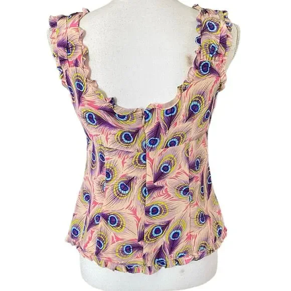 Nanette Lepore Size 4 Peacock Feather Print Silk Tank Top - Picture 2 of 4
